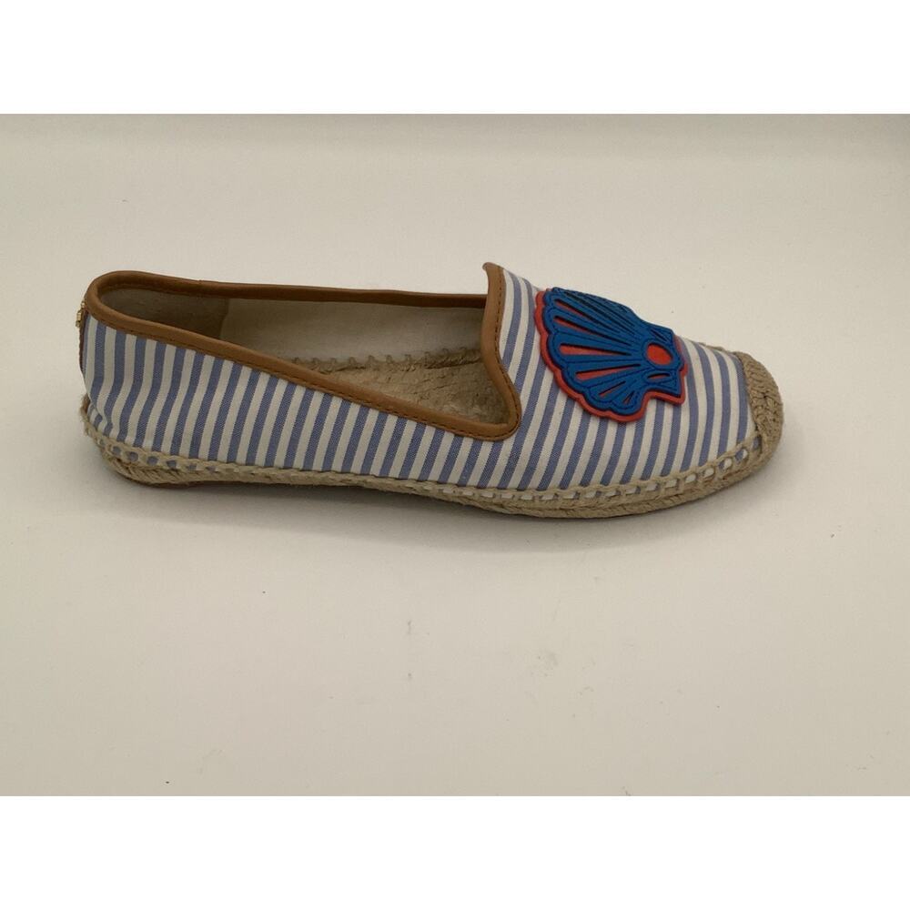 EUC Tory Burch Flats Size 7 Crab Shell Woven Bottom Blue White Stripes Preppy - Picture 4 of 6